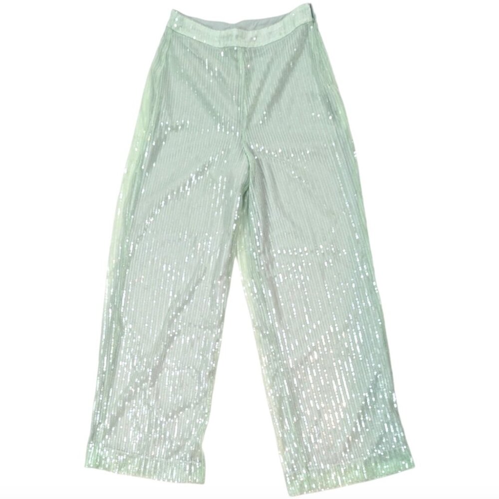 House of Harlow 1960 Light Green Sequin Wide Leg Pants | Statement Party Pants